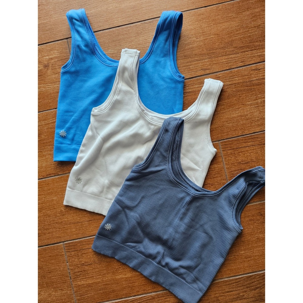 Athleta Aurora Seamless Crop Ribbed Tank Tops Blue Grey White Lot of 3 - Picture 4 of 5